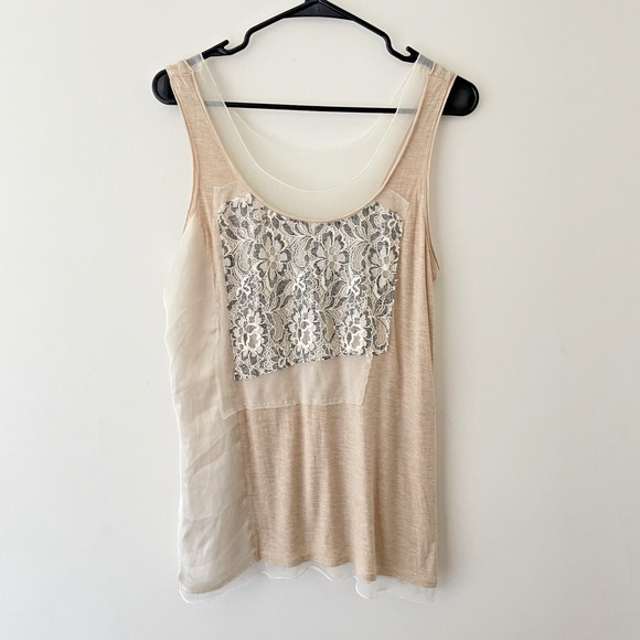 Fairy Coquette Lace Mesh Layered Tank Top Beige Cream Large Romantic Y2K - Picture 1 of 9